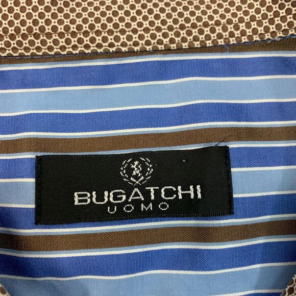 Bugatchi Uomo Shirt Mens XL Extra Large Blue Brown Flip Cuff Button Up Striped - Picture 5 of 12